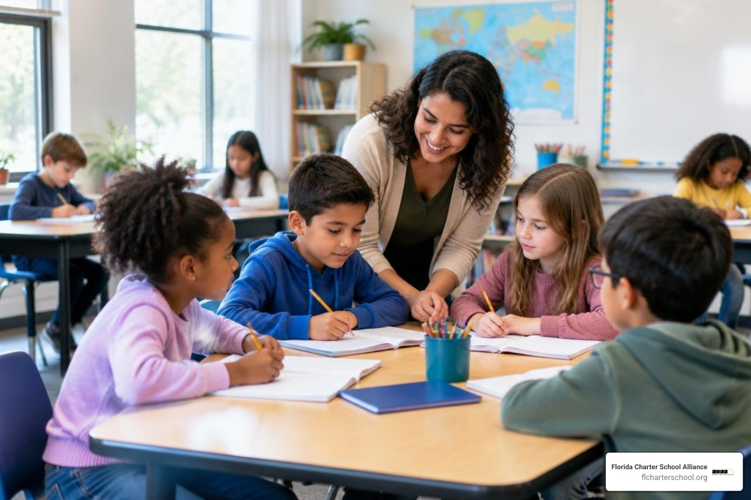 Students engaged in classroom instruction and small-group learning