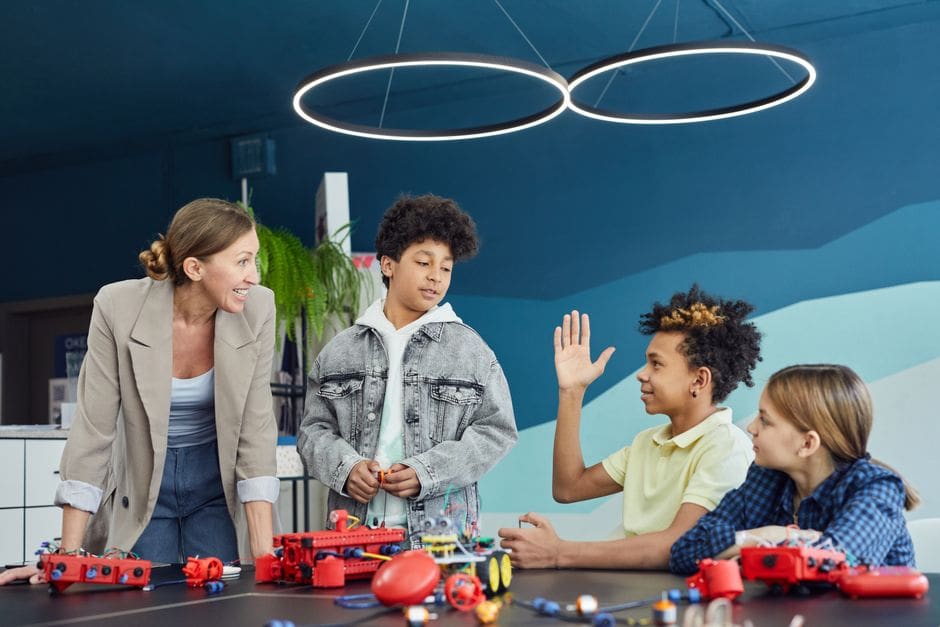 Students collaborating in a modern STEM laboratory setting