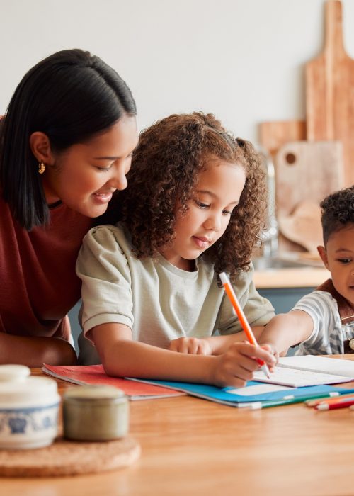 Homeschool, education and distance learning for children while mother, parent and woman helps son a